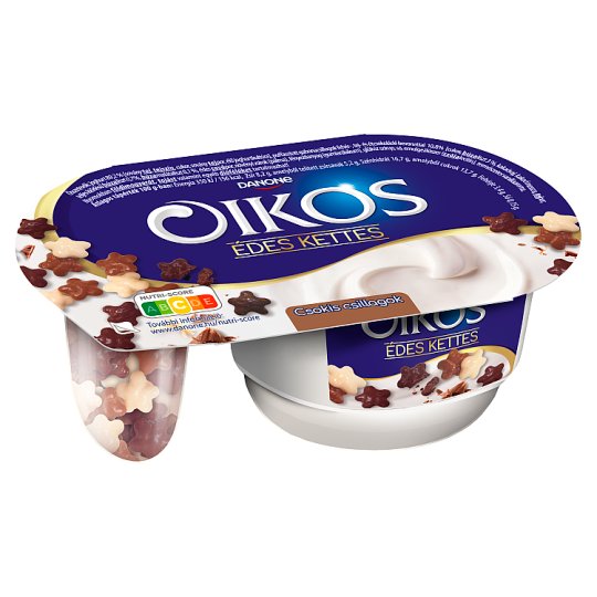 Danone Oikos Édes Kettes édesített joghurt vaníliaízű, csokoládéval bevont gabonacsillagokkal 102 g
