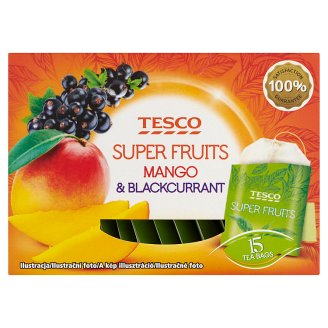 Tesco Super Fruits feketeribizli és mangó ízesítésű fehér és zöld teák keveréke 15 filter 22,5 g
