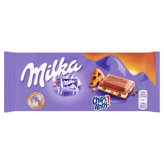 Milka Chips Ahoy! alpesi tejcsokoládé alpesi tejes krémtöltelékkel csokoládés kekszdarabkákkal 100 g