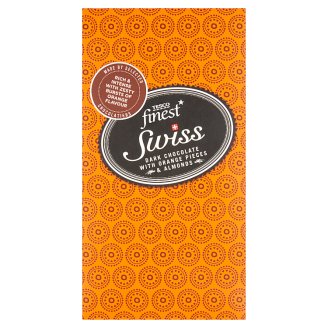 Tesco Finest Swiss étcsokoládé narancsízű darabkákkal, mandulatörettel és őrölt mogyoróval 100 g