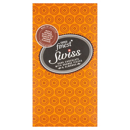 Tesco Finest Swiss Dark Chocolate with Orange Pieces & Almonds 100 g