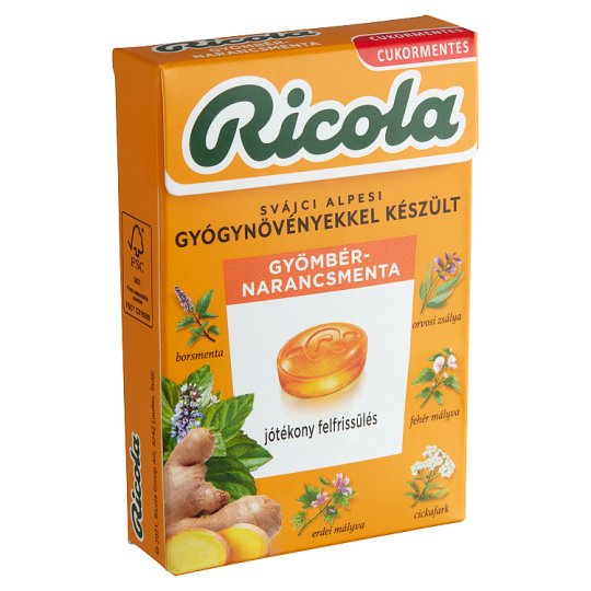 Ricola svájci alpesi gyógynövényekkel készült cukormentes gyömbér-narancsmenta cukorkák 40 g