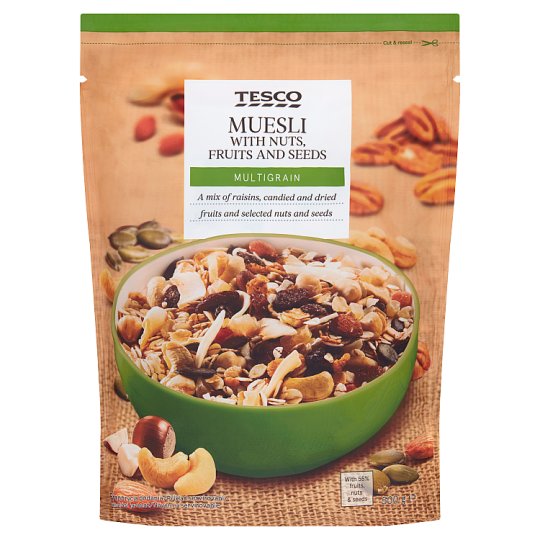 Tesco gabonapehely keverék gyümölcsökkel, kókuszchips- és földimogyoró darabokkal, tökmaggal 500 g