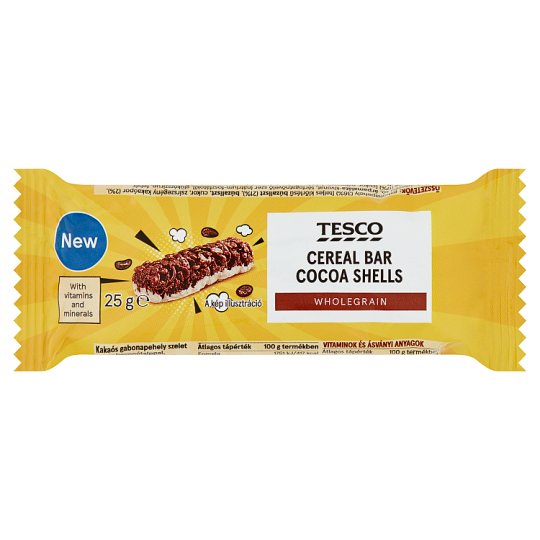 Tesco kakaós gabonapehely szelet fehér bevonótalppal, vitaminokkal és ásványi anyagokkal 25 g