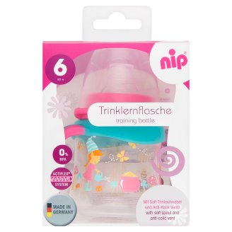 NIP 150 ml-es polipropilén szélesnyakú tanulópohár fogóval, szilikon itatócsőrrel 6 hónapos kortól