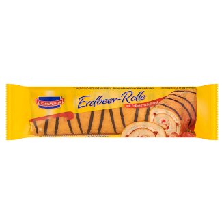 Kuchenmeister piskótatekercs krémtöltelékkel és eper ízű töltettel, kakaós mázzal díszítve 400 g