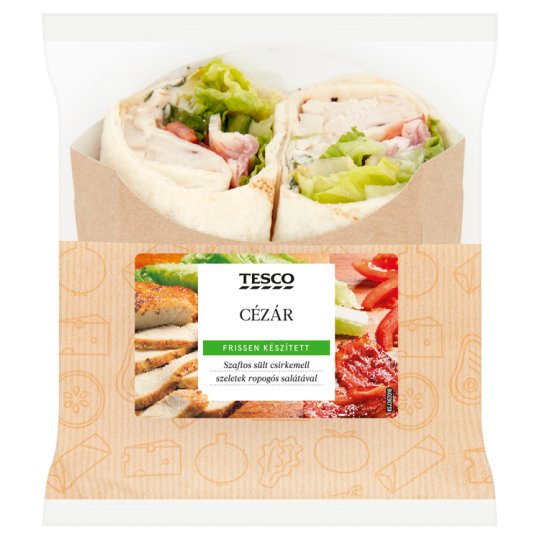 Tesco lepény sült csirkemellel, cézár salátaöntettel, paradicsommal, salátával és szalonnával 179 g