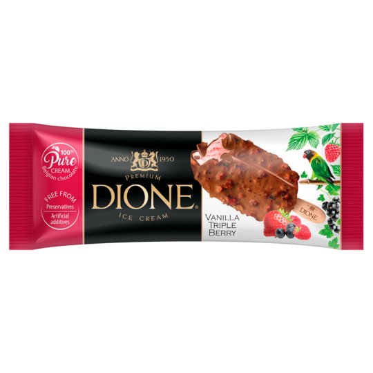 Dione Prémium vaníliaízű jégkrém epres-feketeribizlis-málnás öntettel belga tejcsokoládéval 85 ml