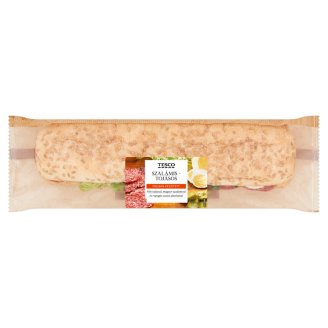 Tesco baguette főtt tojással, szalámival, majonézzel, ecetes uborkával, paprikával, salátával 204 g