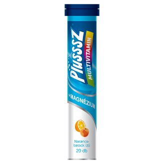 Plusssz Magnézium + Multivitamin narancs-barack ízű étrend-kiegészítő pezsgőtabletta 20 db 86 g