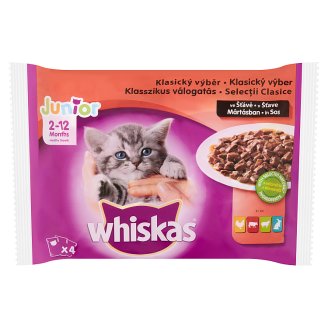 Whiskas Junior Húsos Válogatás teljes értékű állateledel junior macskák számára mártásban 4 x 100 g