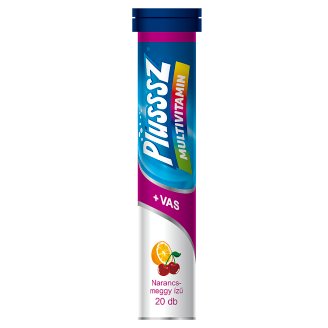 Plusssz Vas + Multivitamin narancs-meggy ízű étrend-kiegészítő pezsgőtabletta 20 db 86 g