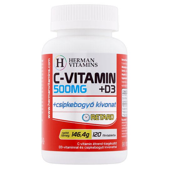Herman Vitamins C-vitamin 500 mg +D3-vitamin +csipkebogyó kivonat étrend-kiegészítő 120 db 146,4 g