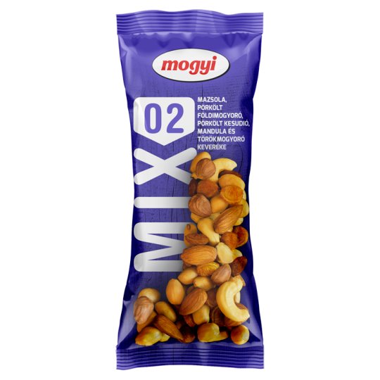 Mogyi Csemege-Mix pörkölt földimogyoró, mazsola, mogyoróbél, mandulabél, pörkölt kesudió 100 g