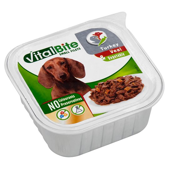 VitalBite Alutálkás teljes értékű eledel felnőtt kutyáknak borjúval, pulykával és zöldségekkel 150 g