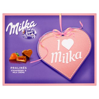 Milka I ♥ Milka tejcsokoládé praliné joghurt ízű tejes krémtöltelékkel, epres zselétöltelékkel 120 g