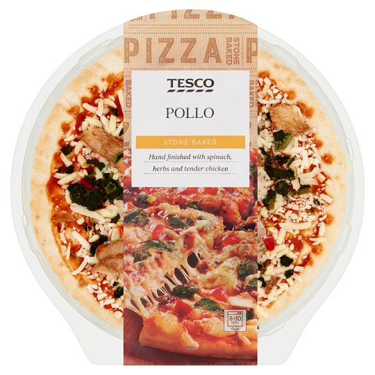 Tesco Pollo paradicsomos sajtos, csirkés, spenótos, pirospaprikás pizza tejszínes szósszal 414 g