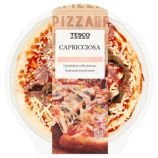 Tesco Capricciosa paradicsomos, sajtos, sonkás, csiperkegombás, paprikás, vöröshagymás pizza 384 g