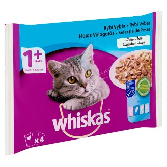 Whiskas 1+ Halas Válogatás teljes értékű állateledel felnőtt macskák számára aszpikban 4 x 100 g
