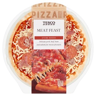 Tesco pizza paradicsomos szósszal, sajttal, sonkával, sült sertés- és marhahússal, szalámival 394 g