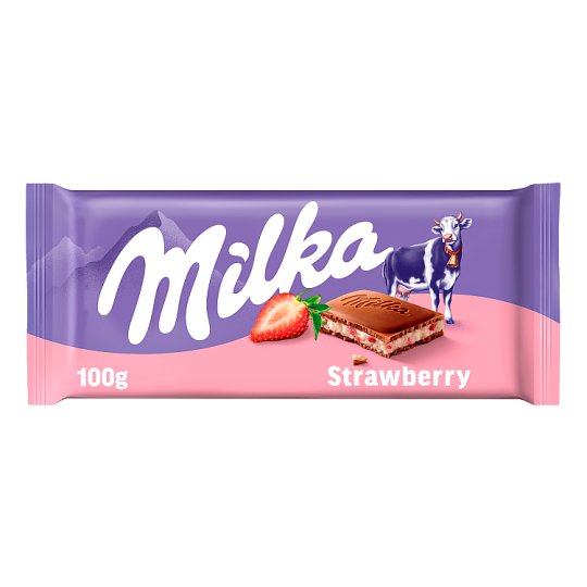 Milka alpesi tej felhasználásával készült tejcsokoládé eperízű krémmel töltve 100 g