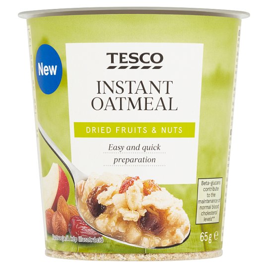 Tesco zabpehely aszalt gyümölcsökkel, pörkölt földimogyoróval, mogyoróval és mandulával 65 g