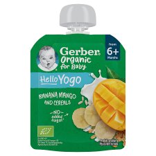 Gerber bio banán-mangó gyümölcspüré fermentált tejkészítménnyel és gabonával, 6 hónapos kortól 80 g