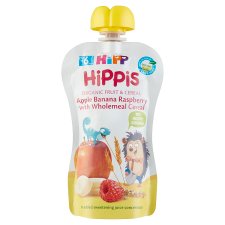 HiPP HiPPiS BIO alma-banán-málna gyümölcspép teljes kiőrlésű gabonával 6 hónapos kortól 100 g