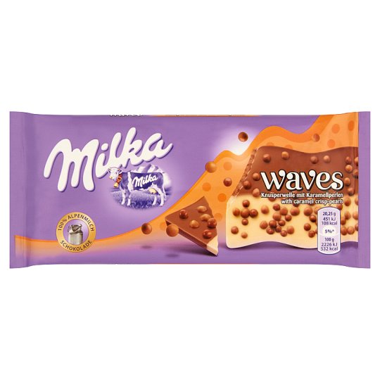 Milka Waves alpesi tejcsokoládé és fehér csokoládé gabonagolyókkal 81 g