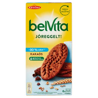 belVita JóReggelt! csökkentett cukortartalmú kakaós gabonás omlós keksz csokoládé darabkákkal 300 g