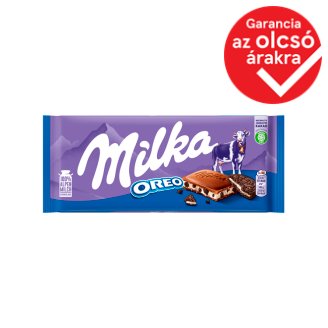 Milka Oreo alpesi tejcsokoládé kakaós kekszdarabkákkal és vaníllia ízű tejes krémmel töltve 100 g