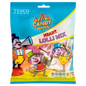 Tesco Candy Carnival vegyesgyümölcs-ízű szívalakú töltetlen keménycukorka nyalókák 120 g