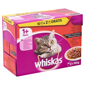 Whiskas 1+ Húsos Válogatás teljes értékű állateledel felnőtt macskák számára mártásban 12 x 100 g