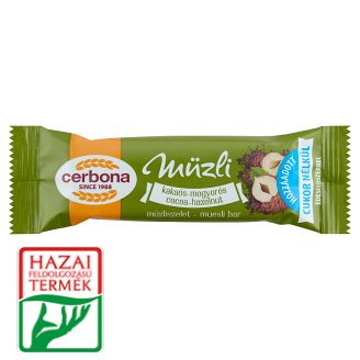 Cerbona kakaós-mogyorós müzliszelet cukor hozzáadása nélkül, édesítőszerrel 20 g