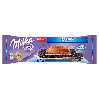 Milka Oreo alpesi tejcsokoládé, vanília ízű, tejszínes krémmel és kakaós keksszel 300 g