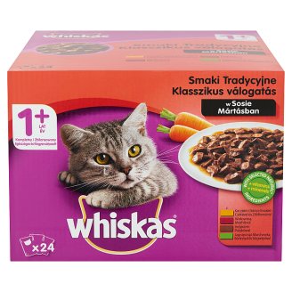 Whiskas 1+ Húsos-Zöldséges Válogatás teljes értékű állateledel felnőtt macskák számára 24 x 100 g