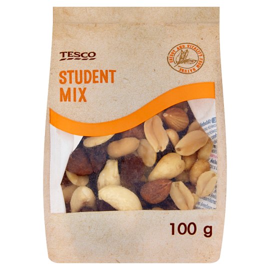 Tesco Student Mix pörkölt, sótlan földimogyoró, mazsola, kesudió és mogyoró keveréke 100 g
