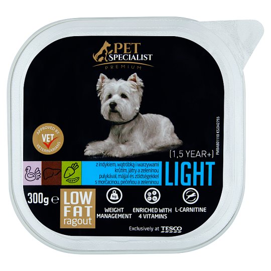 Tesco Pet Specialist Premium Light eledel felnőtt kutyáknak pulykával, májjal, zöldségekkel 300 g