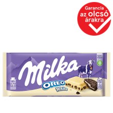 Milka Oreo White fehér csokoládé vaníliaízű, tejes krémtöltelékkel és kakaós kekszdarabokkal 100 g