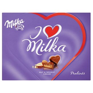 Milka I Love Milka alpesi tejcsokoládé praliné mandulás töltelékkel és mogyoró darabokkal 110 g