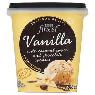 Tesco Finest vaníliaízű tejes jégkrém karamellöntettel és kakaós kekszdarabokkal 460 ml