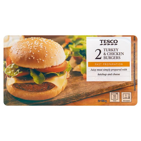 Tesco csirke- és pulykahúsból készült húspogácsa hamburgerzsemlében, sajttal és ketchuppal 2 x 159 g