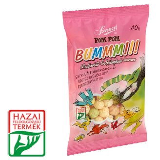 Szerencsi Pom Pom Bummm!!! extrudált kukoricapehely vegyes gyümölcsízű cukorbevonattal 40 g
