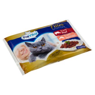 PreVital teljes értékű állateledel felnőtt macskák számára marhával és lazaccal szószban 4 x 85 g