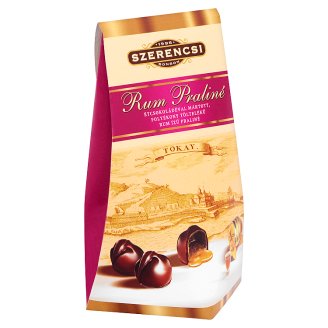 Szerencsi étcsokoládéval mártott, folyékony töltelékű, rum ízű praliné 100 g