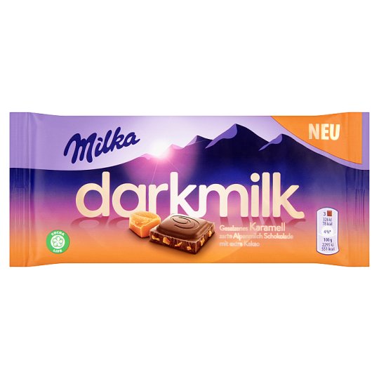 Milka Darkmilk magas kakaótartalmú alpesi tejcsokoládé finoman sózott karamelldarabokkal 85 g