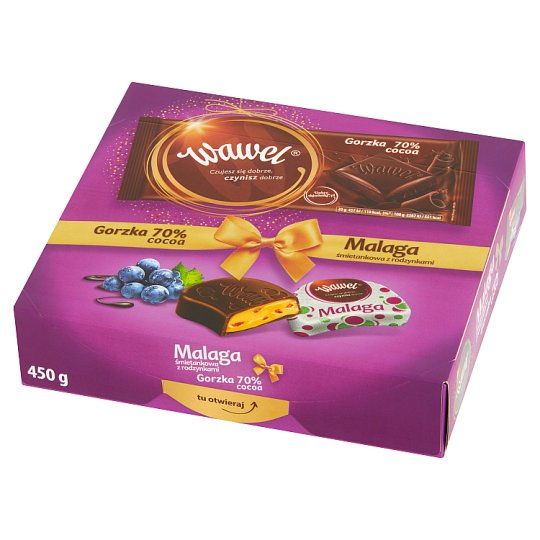 Wawel Malaga śmietankowa z rodzynkami Czekolada i czekolada gorzka 70% cocoa 450 g (350 g +100 g)