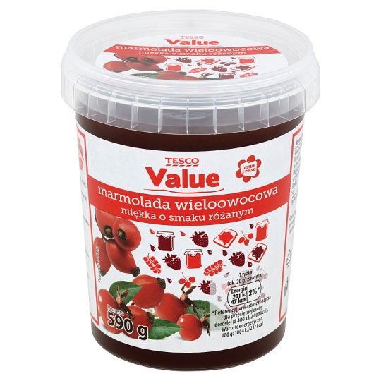 Tesco Value Marmolada wieloowocowa miękka o smaku różanym 590 g