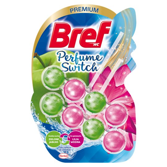 Bref WC Perfume Switch Zawieszka myjąco-zapachowa do muszli WC zielone jabłko-lilia wodna 2 x 50 g