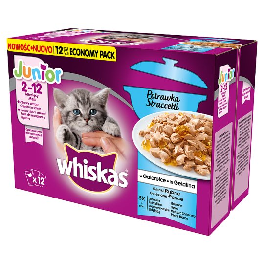 Whiskas Junior Karma pełnoporcjowa 2-12 miesięcy potrawka w galaretce smaki rybne 1020 g (12 x 85 g)